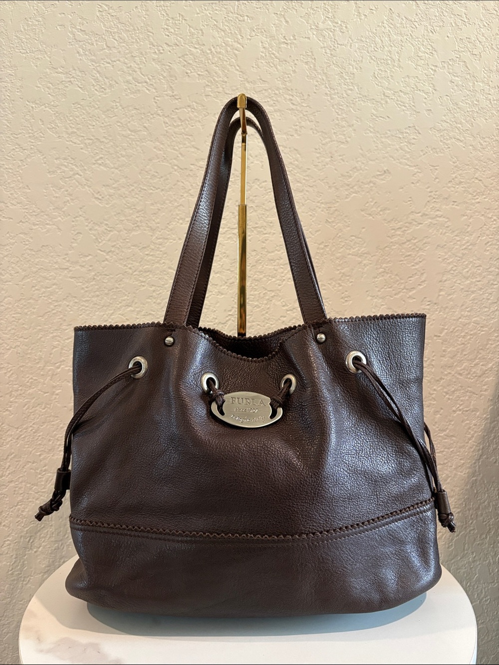 FURLA Dark Brown Soft Leather Bucket String Tote